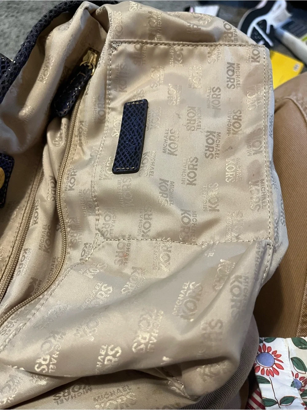 Michael Kors Navy Textured Shoulder Tote with Gold Plaque